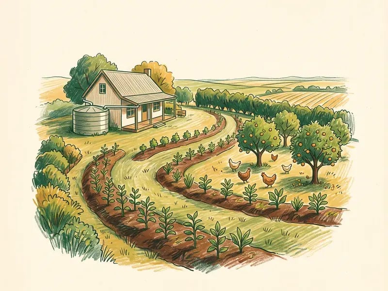 Pencil-crayon illustration of a homestead with swales, food forest rows and a farmhouse
