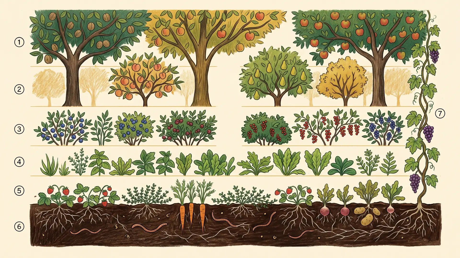 Cross-section illustration of the seven layers of a food forest, from canopy trees to root crops in the soil