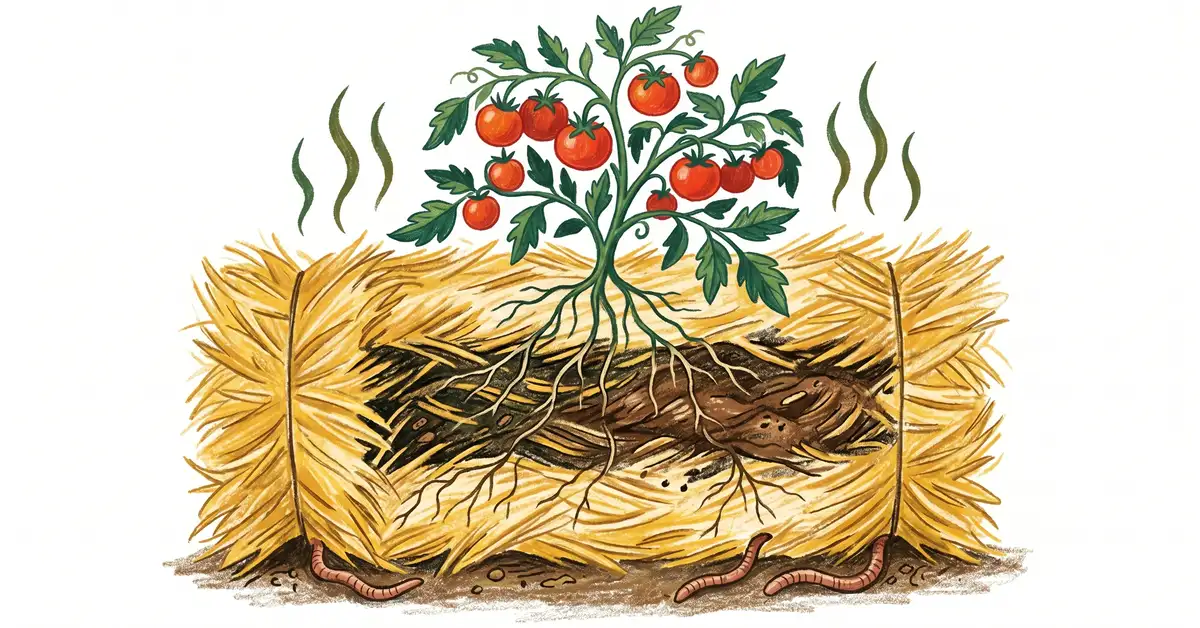 Cross-section diagram of a straw bale showing golden outer straw, dark composting interior, plant roots growing through, and heat rising from the bale