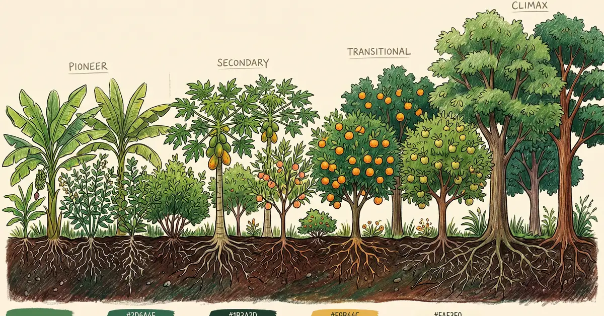 Cross-section of a syntropic agroforestry system showing four succession layers: placeholder pioneer, secondary, transitional, and climax species
