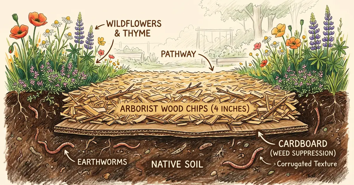 Cross-section diagram showing sheet-mulched pathway construction with native soil, cardboard layer, and wood chip topping
