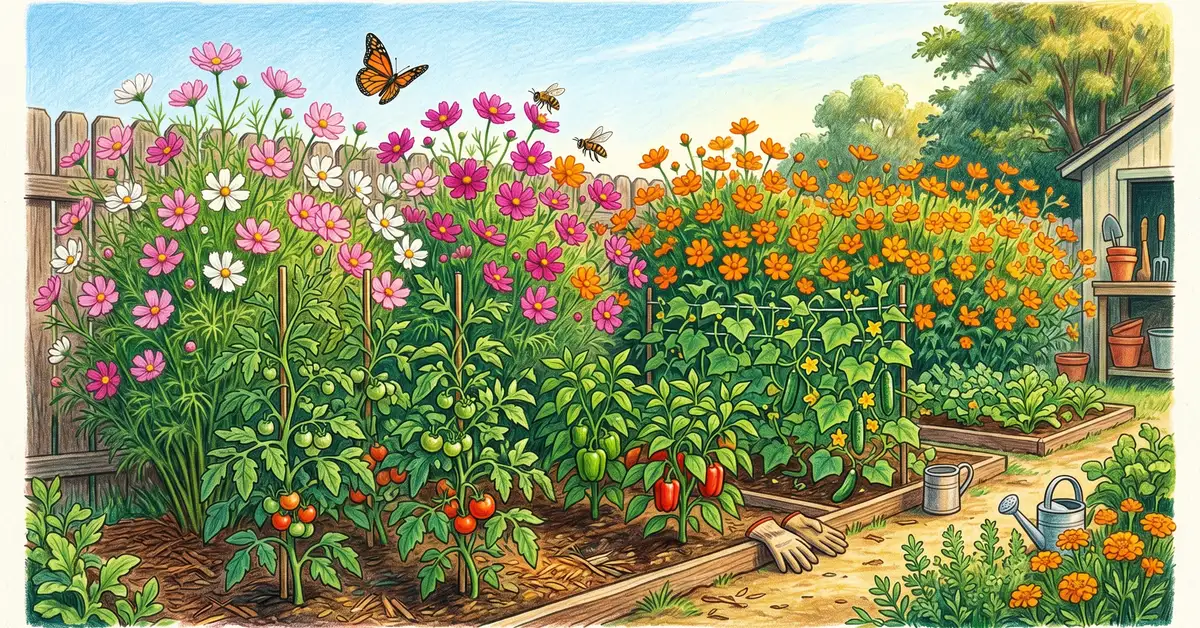 Backyard vegetable garden with a tall border of pink, white, magenta, and orange cosmos along the edge, with tomatoes, peppers, and cucumbers in front; honeybees, hoverflies, and a monarch butterfly visiting the cosmos