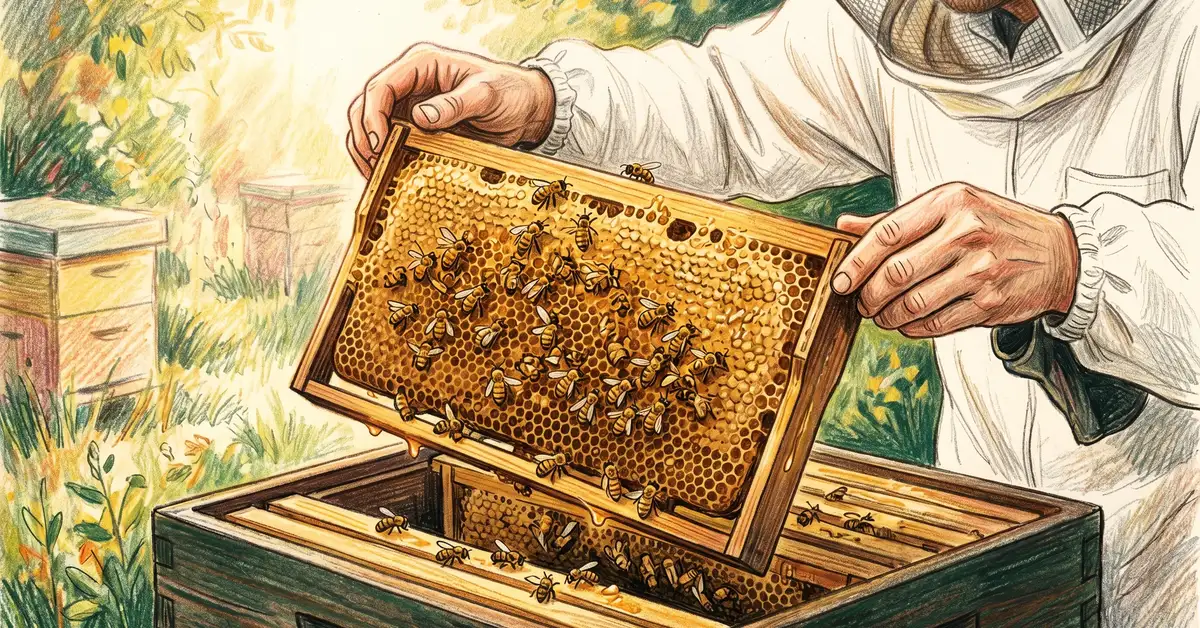 Beekeeper gently lifting a frame of honeycomb from a Langstroth hive