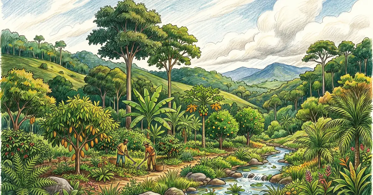 Brazilian syntropic farm in the Atlantic Forest with rolling green hills, multiple canopy layers of banana, citrus, cacao, chestnut, and a clear stream