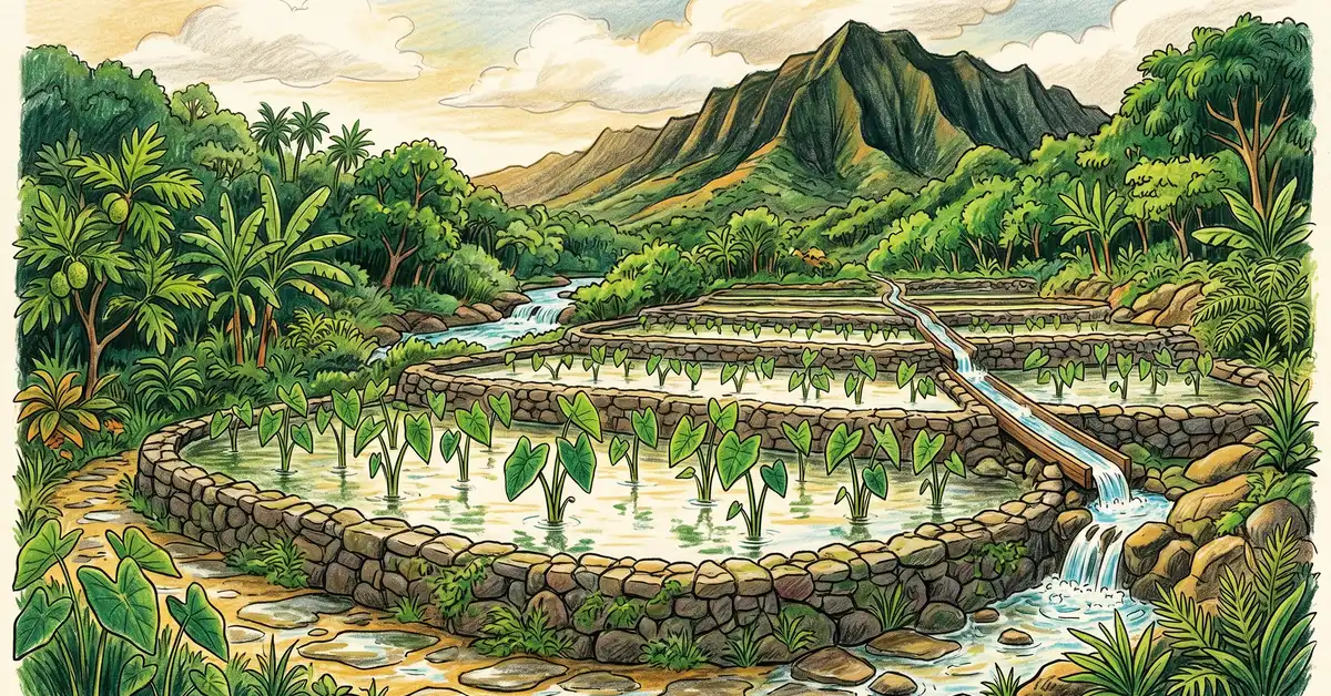 Flooded Hawaiian lo'i kalo taro paddies with stone walls and an auwai water channel