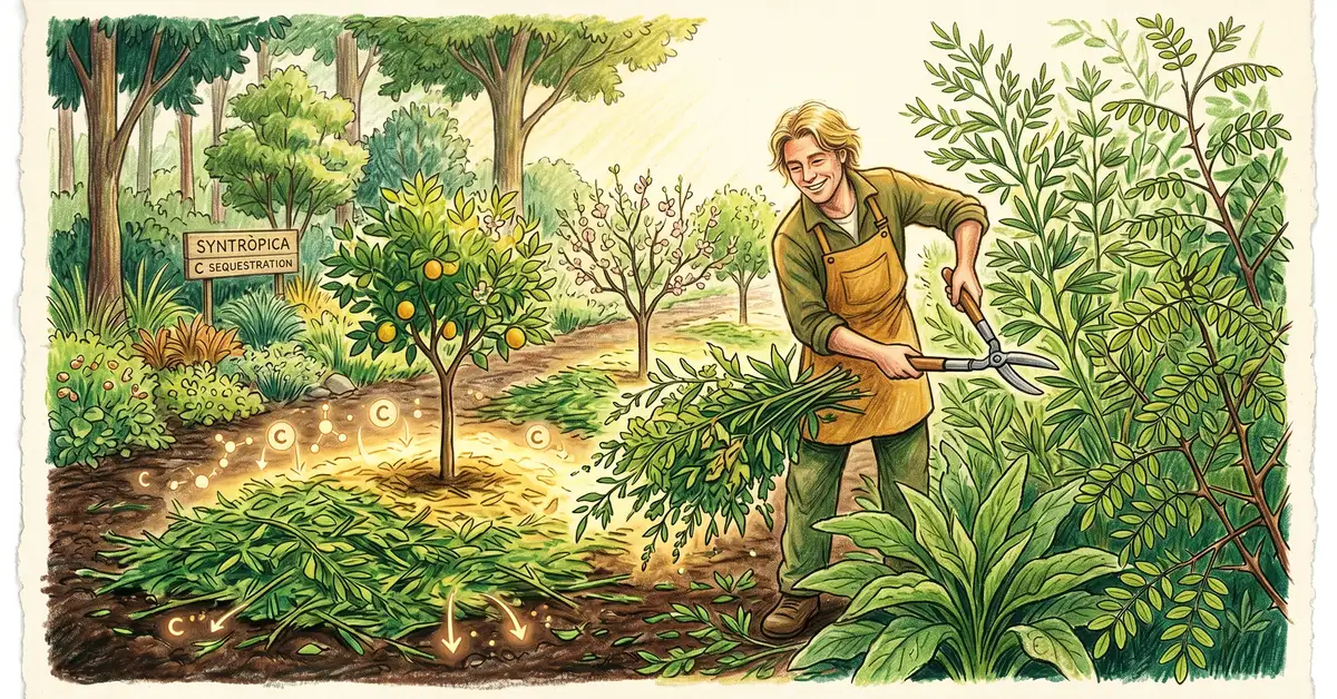 A gardener chopping back black locust, comfrey, and pigeon pea biomass and spreading it as carbon-rich mulch around fruit trees in a syntropic row