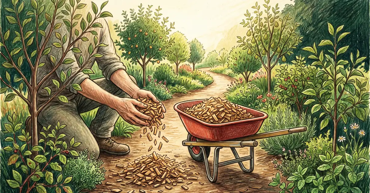 Gardener spreading fresh arborist wood chips along a food forest pathway with a red wheelbarrow nearby