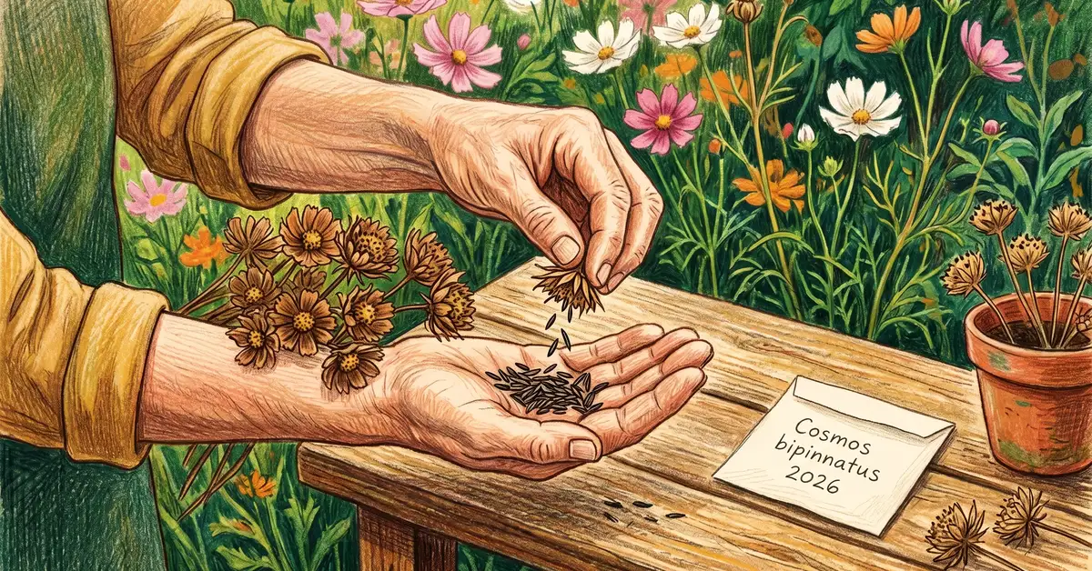 A gardener's hands collecting dried cosmos seeds from spent flower heads in late summer, with a labeled paper envelope nearby