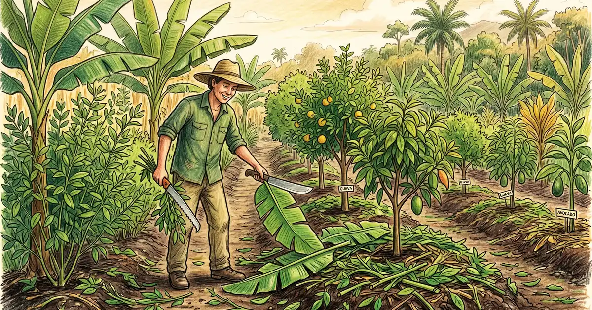 A gardener with a machete and pruning saw cutting back placeholder species in a syntropic row and dropping the biomass onto the soil