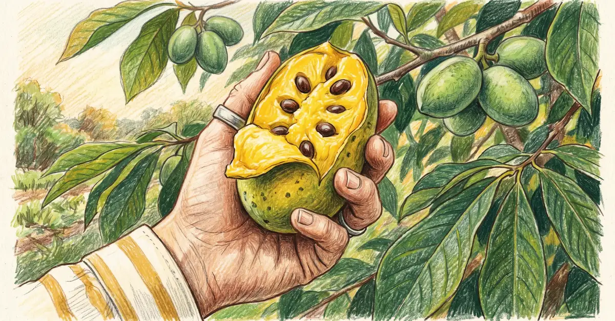 Hand holding a single ripe pawpaw fruit with peeled skin revealing custard yellow flesh