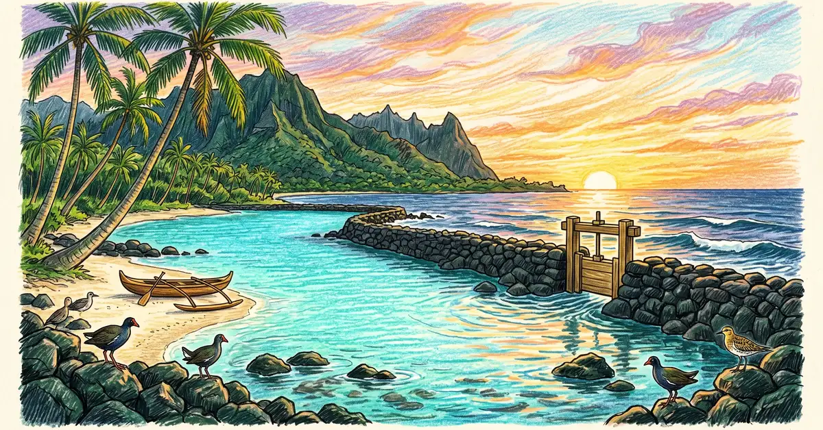 Hawaiian loko i'a coastal fishpond at sunset with lava stone wall and makaha sluice gate
