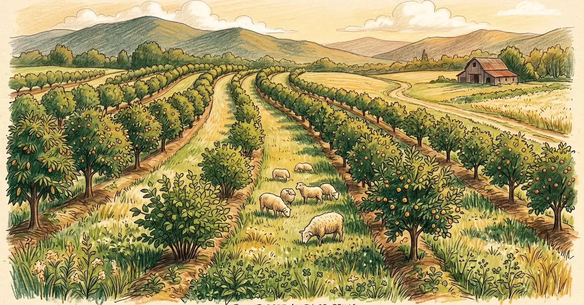 Mark Shepard style alley cropping with chestnut, apple, and hazelnut rows on contour swales with grazing sheep