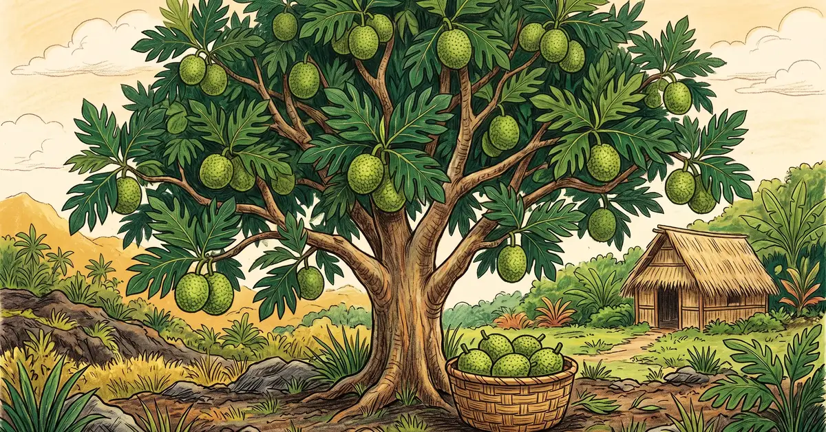 Mature Hawaiian breadfruit (ulu) tree in full fruit with dozens of textured green fruits