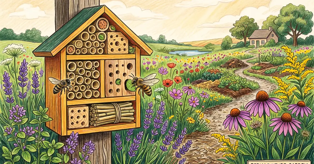 Cedar bee hotel with bamboo and hollow stems for native solitary bees