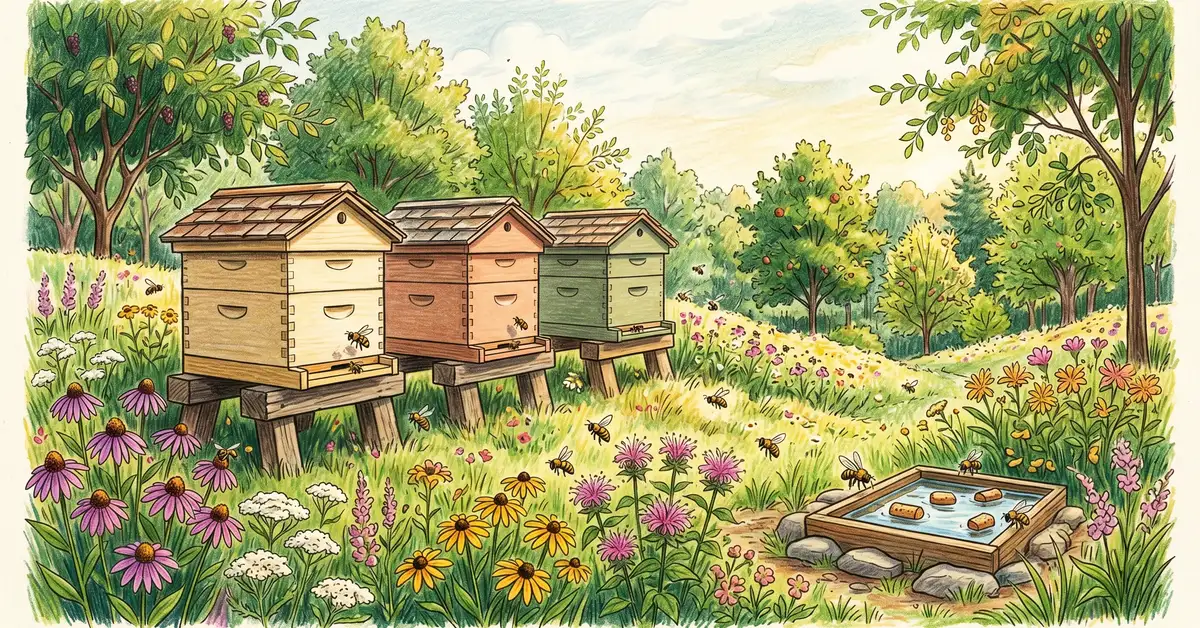 Permaculture homestead apiary with three Langstroth hives surrounded by wildflowers and a young food forest
