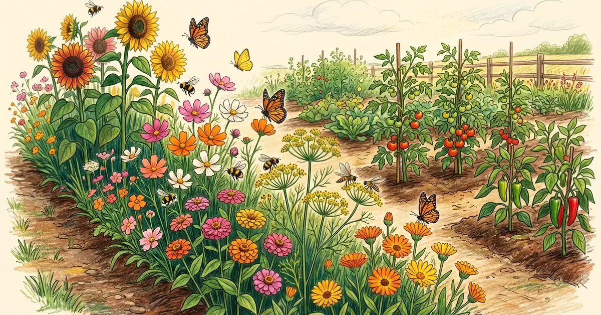Permaculture insectary border at the edge of a vegetable garden with cosmos, zinnias, dill, calendula, and sunflowers all in bloom