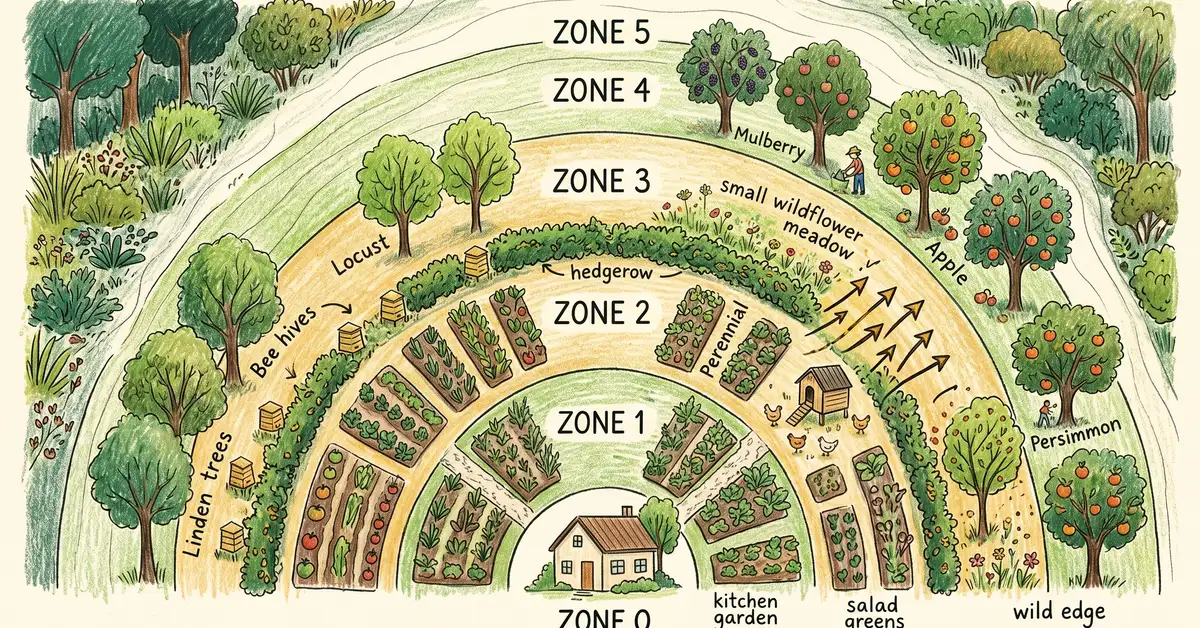 Permaculture zone map showing apiary placement between Zone 2 and Zone 3 near hedgerow and forage trees