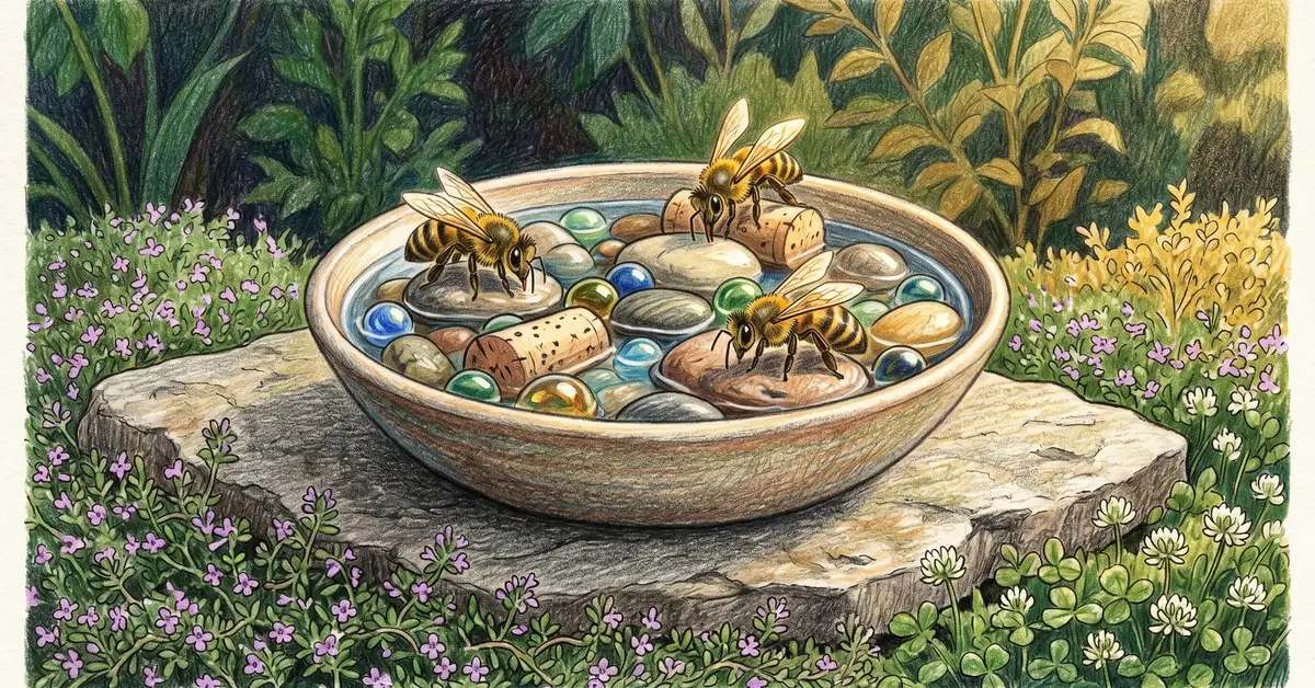 Permaculture bee water station with stones, marbles and floating corks