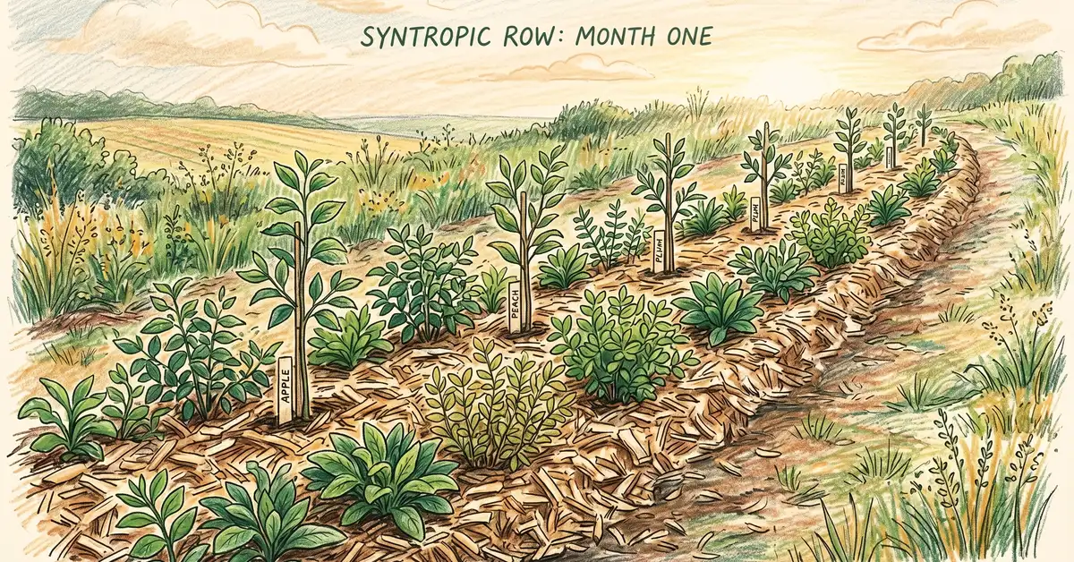 Newly planted syntropic row at month one with densely packed pioneer species (black locust, comfrey, elderberry) and fruit tree seedlings between them, with wood chip mulch and tree stakes