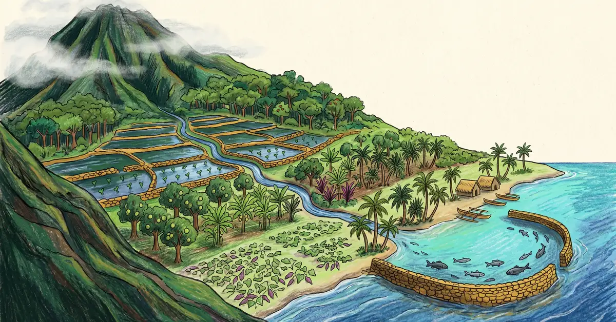 Traditional Hawaiian ahupua'a food forest showing mountain to sea elevation bands with lo'i kalo terraces, breadfruit, sweet potato, and coastal fishpond