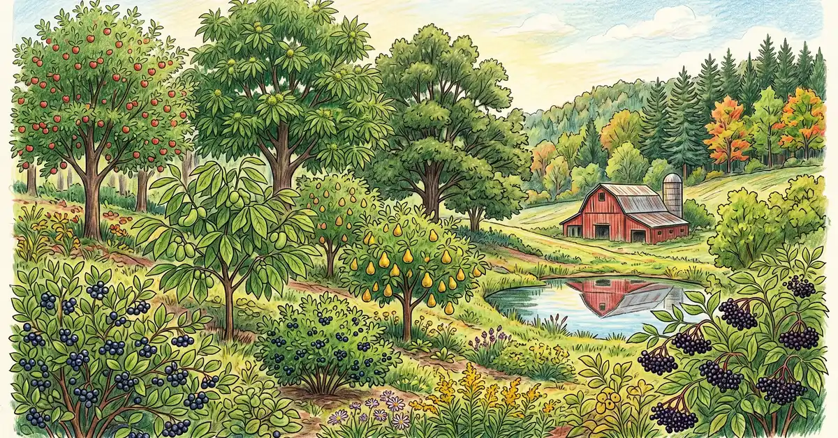 US Northeast cold-climate food forest in late summer with apple, chestnut, pawpaw, and aronia in production