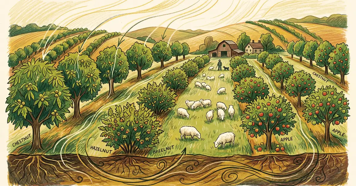 A US Northeast farm using syntropic alley cropping with chestnut, apple, and hazelnut rows on contour, sheep grazing in alleys, with stylized carbon flow lines indicating active sequestration