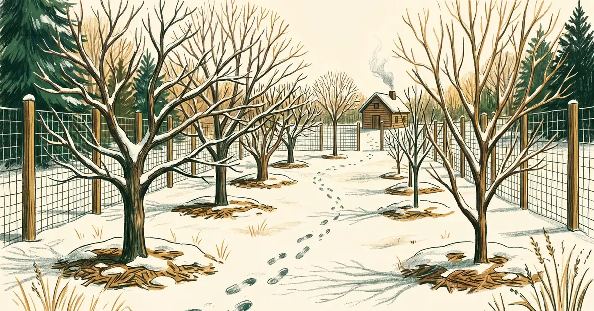 Young Northeast food forest in winter with snow on the ground, wood chip mulch rings, and 8 foot deer fence at perimeter