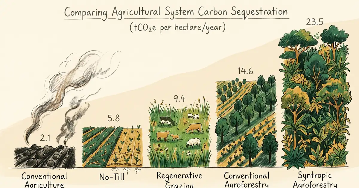 Bar chart comparing carbon sequestration rates across conventional agriculture, no-till, regenerative grazing, conventional agroforestry, and syntropic agroforestry