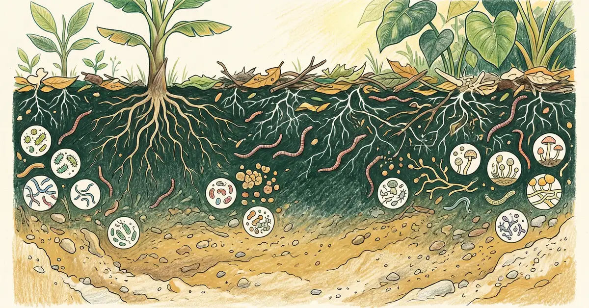 Cross-section of healthy syntropic soil with deep dark topsoil, earthworms, mycelium threads, and decomposing leaf litter
