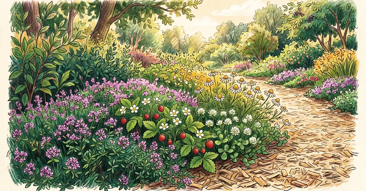 Low-growing edible path edge plants including creeping thyme, alpine strawberries, white clover, and chamomile