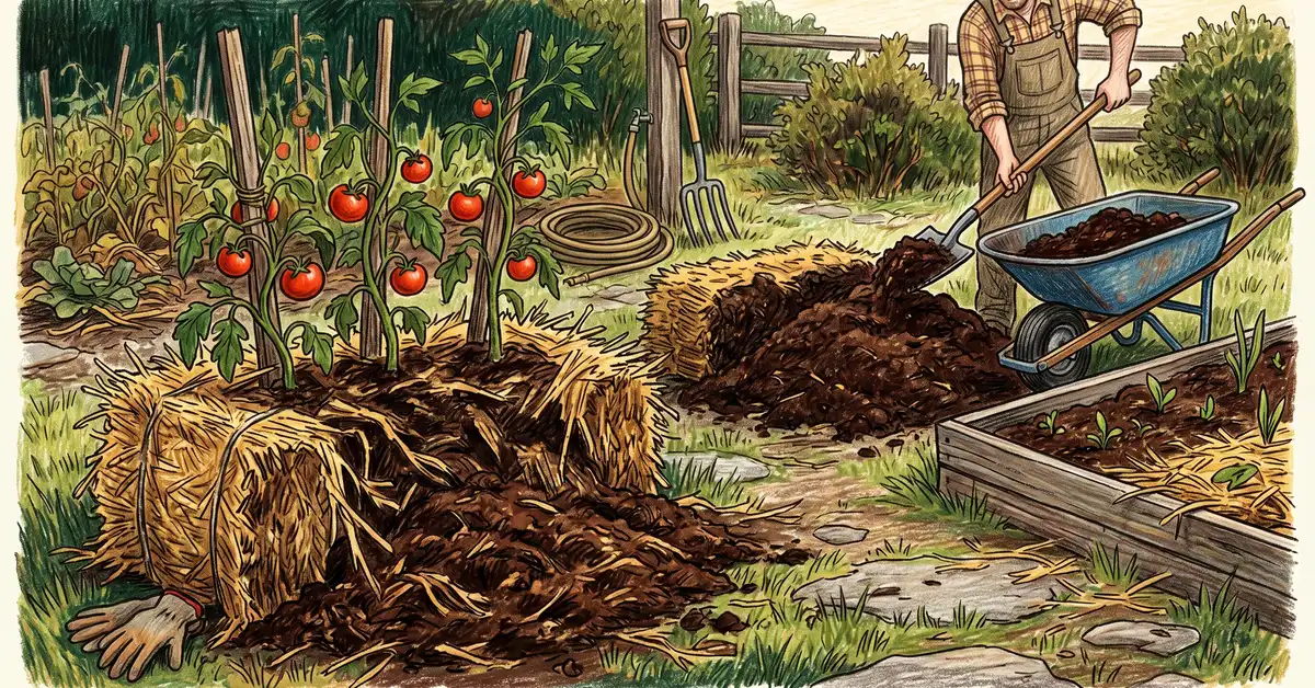 End-of-season decomposed straw bale collapsed into rich compost, with gardener wheelbarrowing finished compost onto an adjacent garden bed