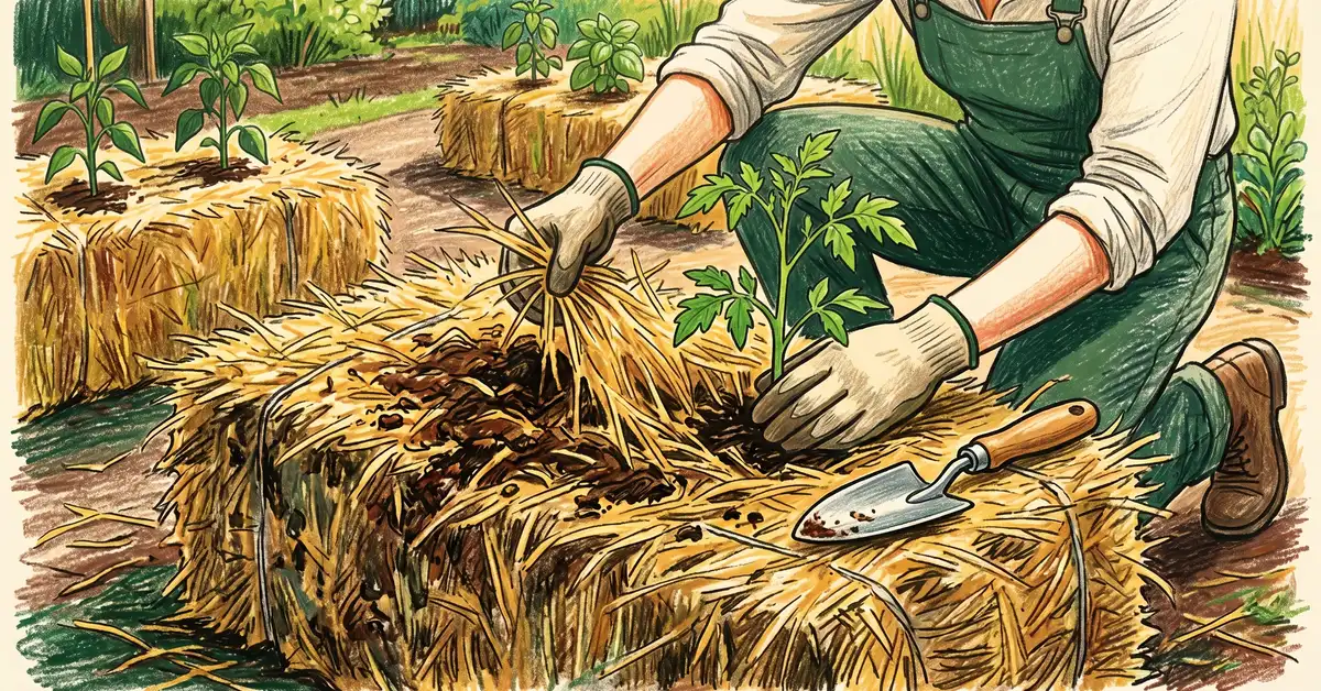 A gardener with gloved hands planting a tomato seedling into the top of a conditioned straw bale