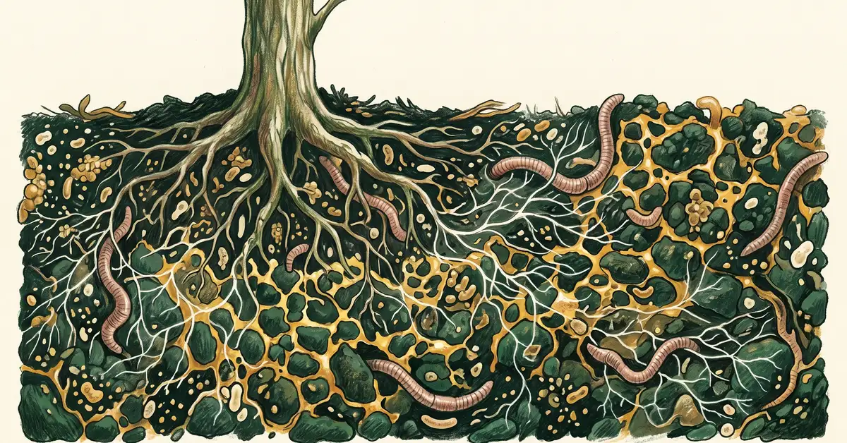 Magnified cross-section of healthy soil showing earthworms, fungal mycelium threads, tree roots, microbes, and golden glomalin binding soil aggregates