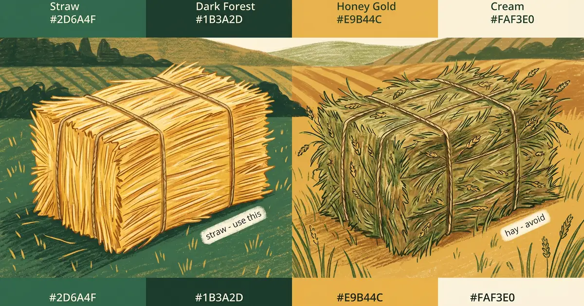 Side by side comparison of a clean golden straw bale on the left and a greener-brown hay bale with seed heads on the right