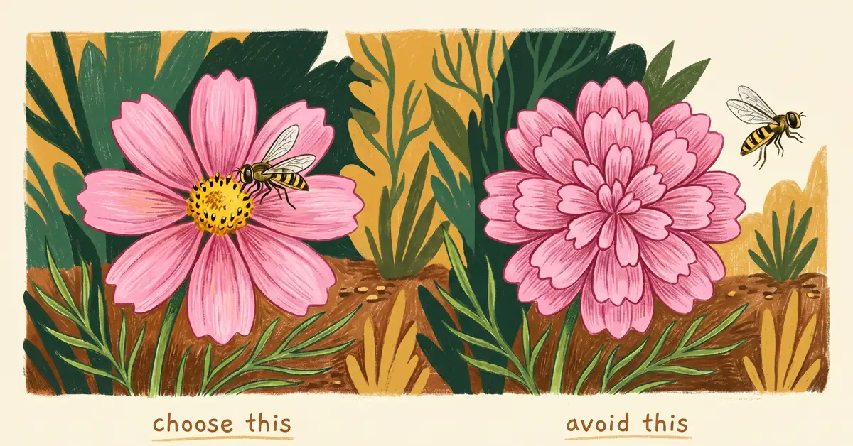Side-by-side comparison: single-form cosmos with 8 open petals and exposed yellow center on the left, double-form cosmos with overlapping petals blocking access on the right