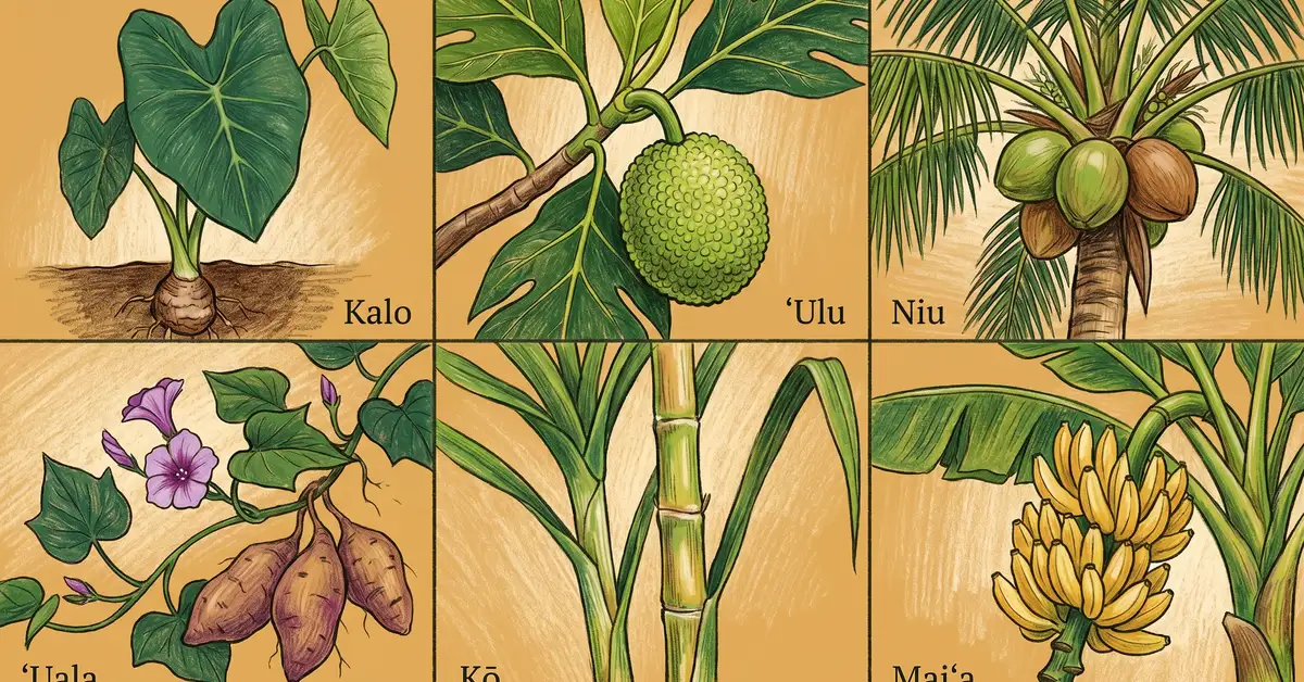 Six iconic Hawaiian canoe plants: kalo (taro), ulu (breadfruit), niu (coconut), uala (sweet potato), ko (sugarcane), and maia (banana)