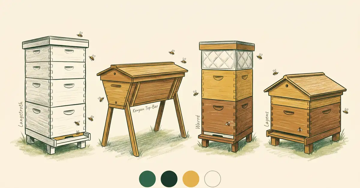 Four bee hive designs side by side: Langstroth, Kenyan top-bar, Warré, and Layens