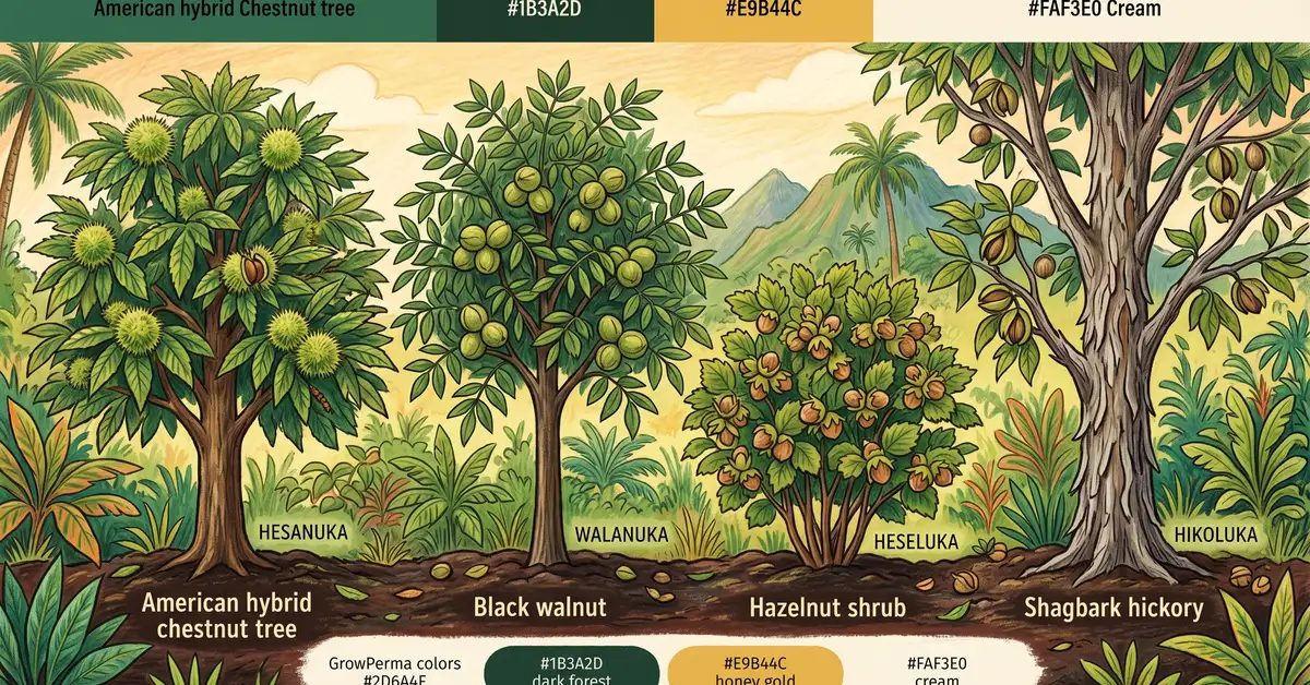 Four cold-hardy Northeast nut trees: hybrid chestnut, black walnut, hazelnut, shagbark hickory