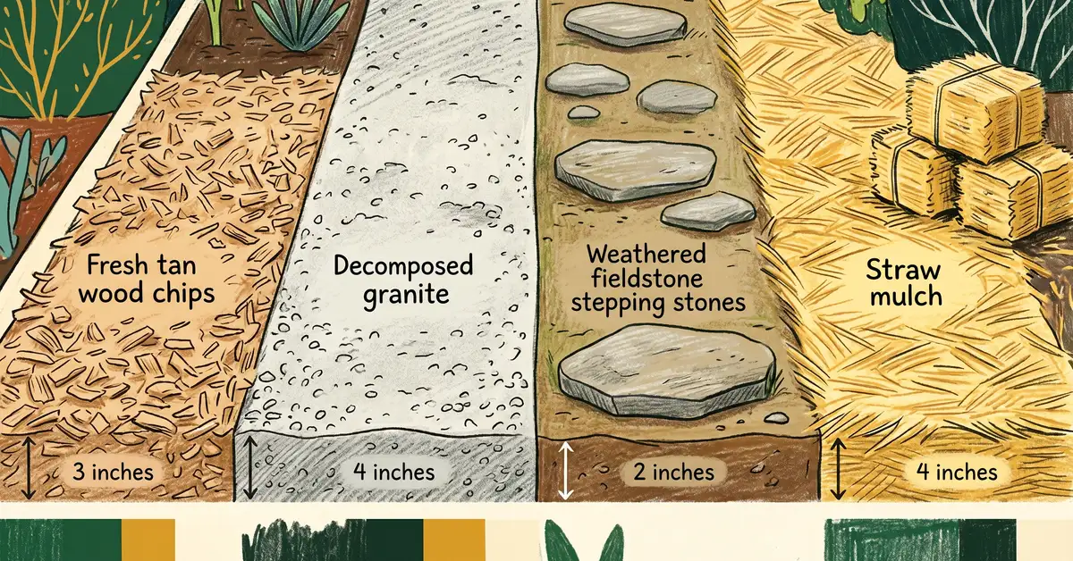 Four garden pathway materials side by side: arborist wood chips, decomposed granite gravel, fieldstone stepping stones, and straw mulch