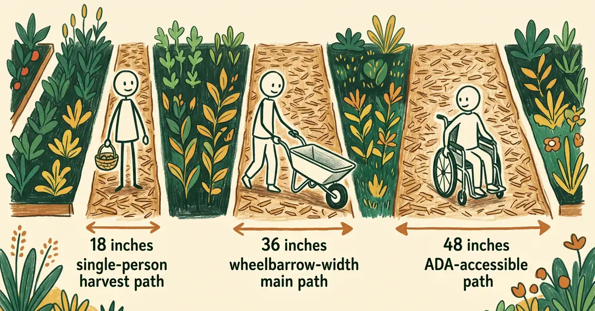 Pathway width comparison showing 18 inch harvest path, 36 inch wheelbarrow path, and 48 inch ADA accessible path
