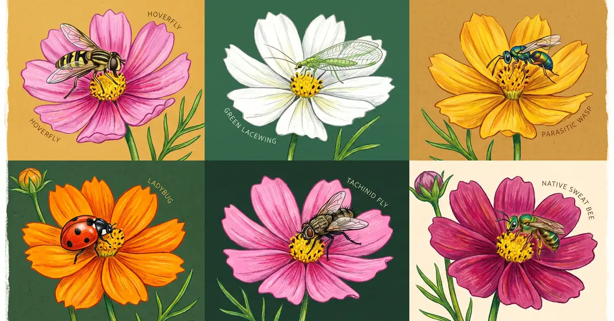 Six beneficial insects on cosmos flowers: hoverfly, lacewing, parasitic wasp, ladybug, tachinid fly, and native sweat bee