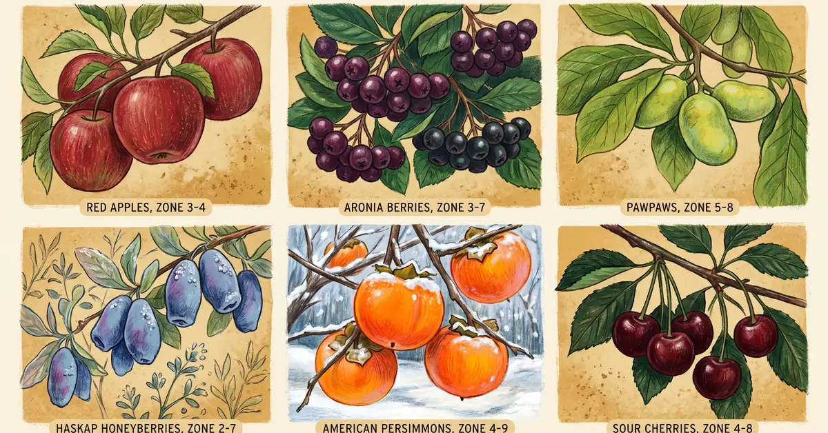 Six cold-hardy Northeast fruits: apple, aronia, pawpaw, haskap honeyberry, sour cherry, persimmon