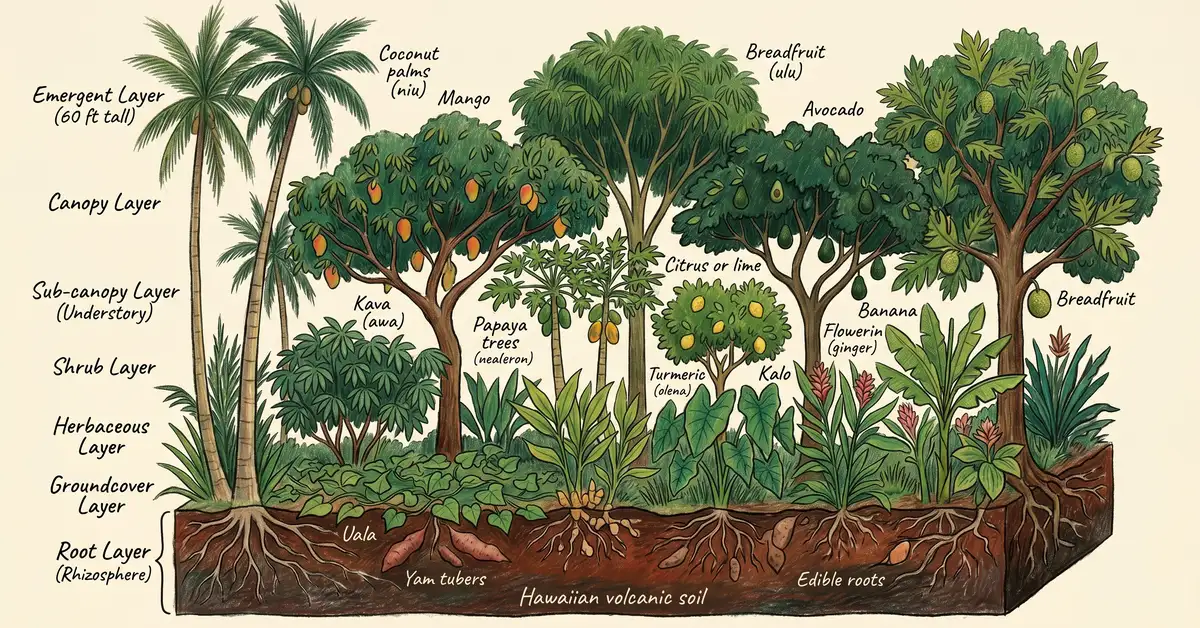 Seven layers of a tropical Hawaiian food forest from coconut canopy down through breadfruit, papaya, kava, taro, sweet potato, and root tubers