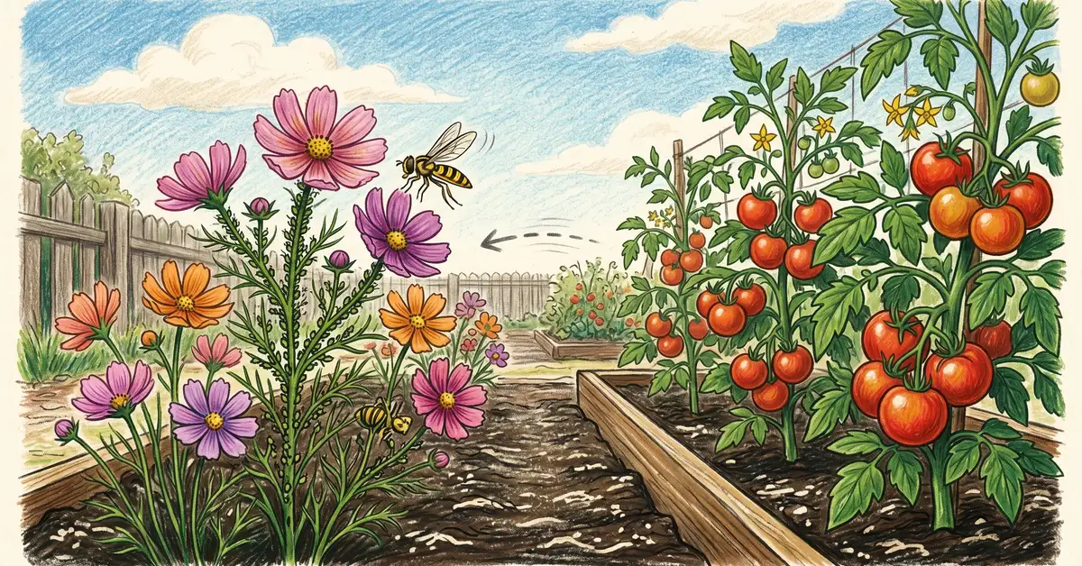 Tomato plants growing in a vegetable garden bed with cosmos planted alongside; aphids gather on cosmos drawing them off the tomatoes while a hoverfly hovers nearby