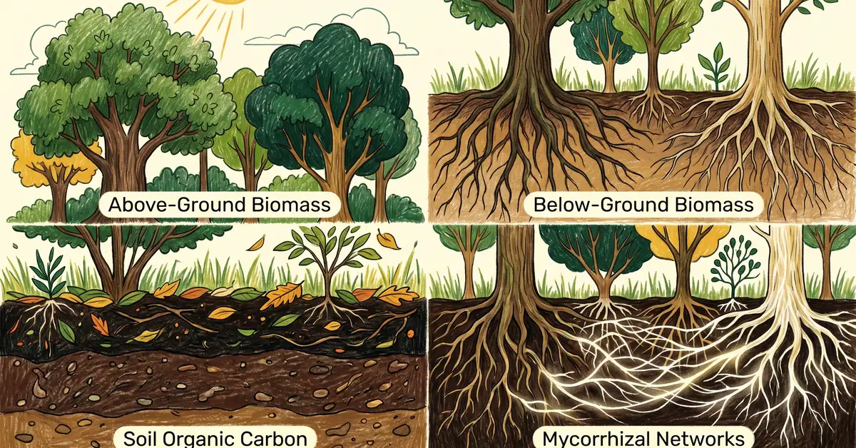 Four carbon sequestration pathways in a syntropic system: above-ground biomass, below-ground root biomass, soil organic carbon, and mycorrhizal networks