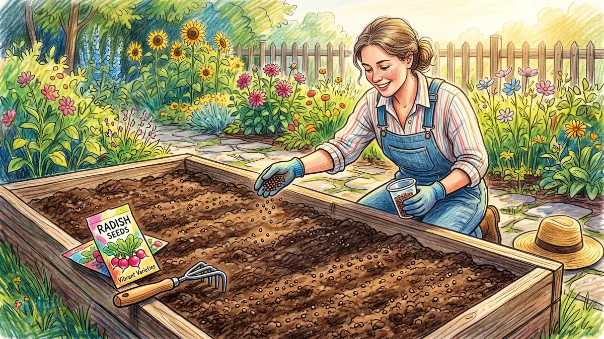 Home gardener broadcasting tillage radish cover crop seed by hand across a bare raised garden bed in late summer sunlight