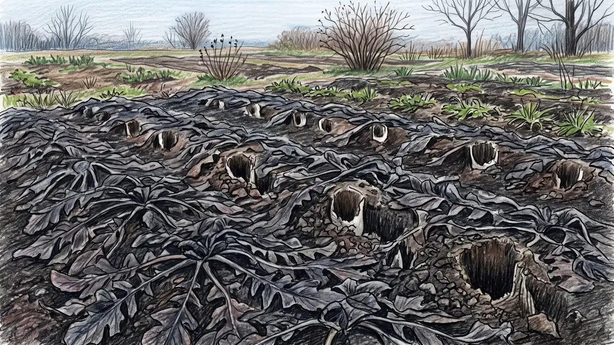 Winter-killed daikon radish cover crop in early spring with frost-blackened leaves flattened as mulch and empty root channels in the bare soil