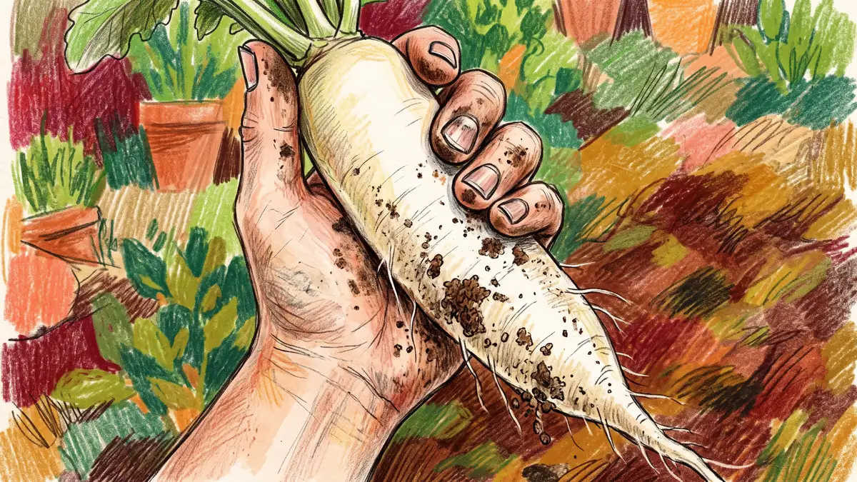 Close-up of a harvested daikon tillage radish held in soil-stained hands, showing the long white tapering cover crop taproot