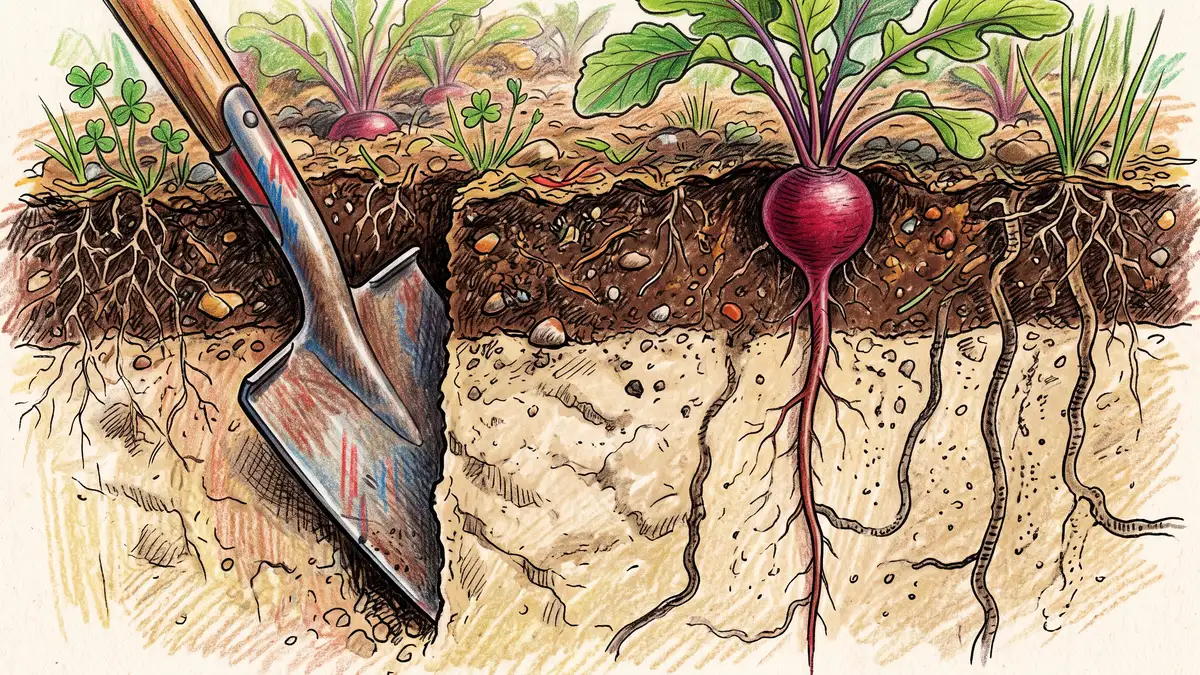 Spade slicing into a garden bed revealing a soil profile with a radish root channel piercing through a dense compacted layer
