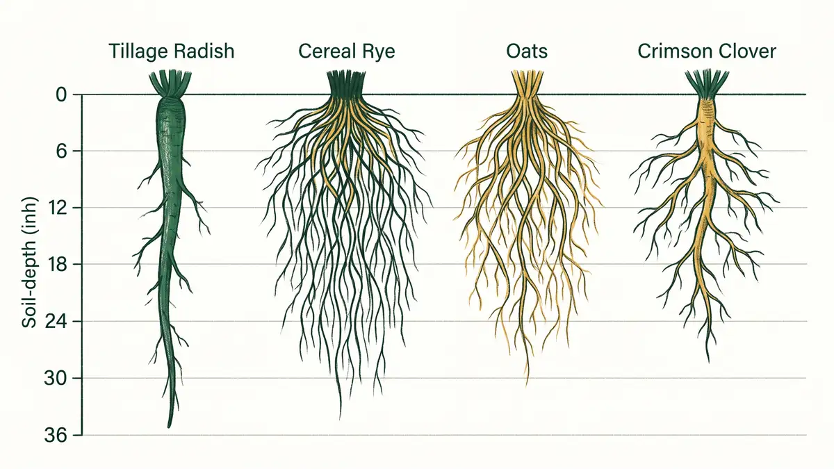 Illustrated comparison chart showing rooting depth of tillage radish, cereal rye, oats and crimson clover against a soil depth scale in inches